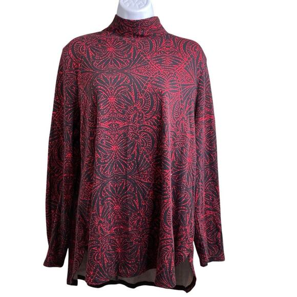 Chico's Women's Pima Aztec Print Mock Neck Top Size 2 Large Lagenlook Mayan - Picture 1 of 11